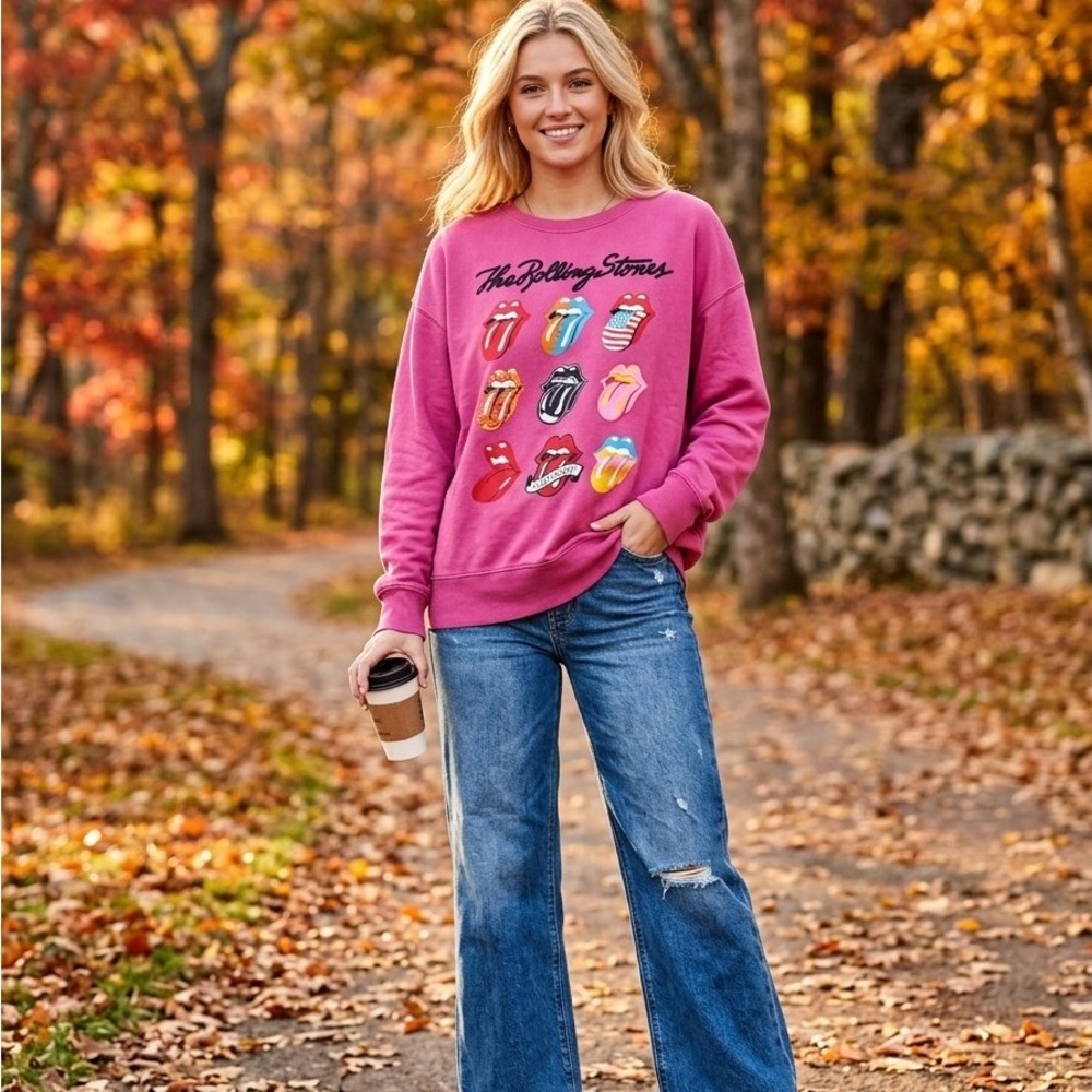 The Rolling Stones Pink Sweatshirt Graphic Crew Neck Large Size Europe Tongues